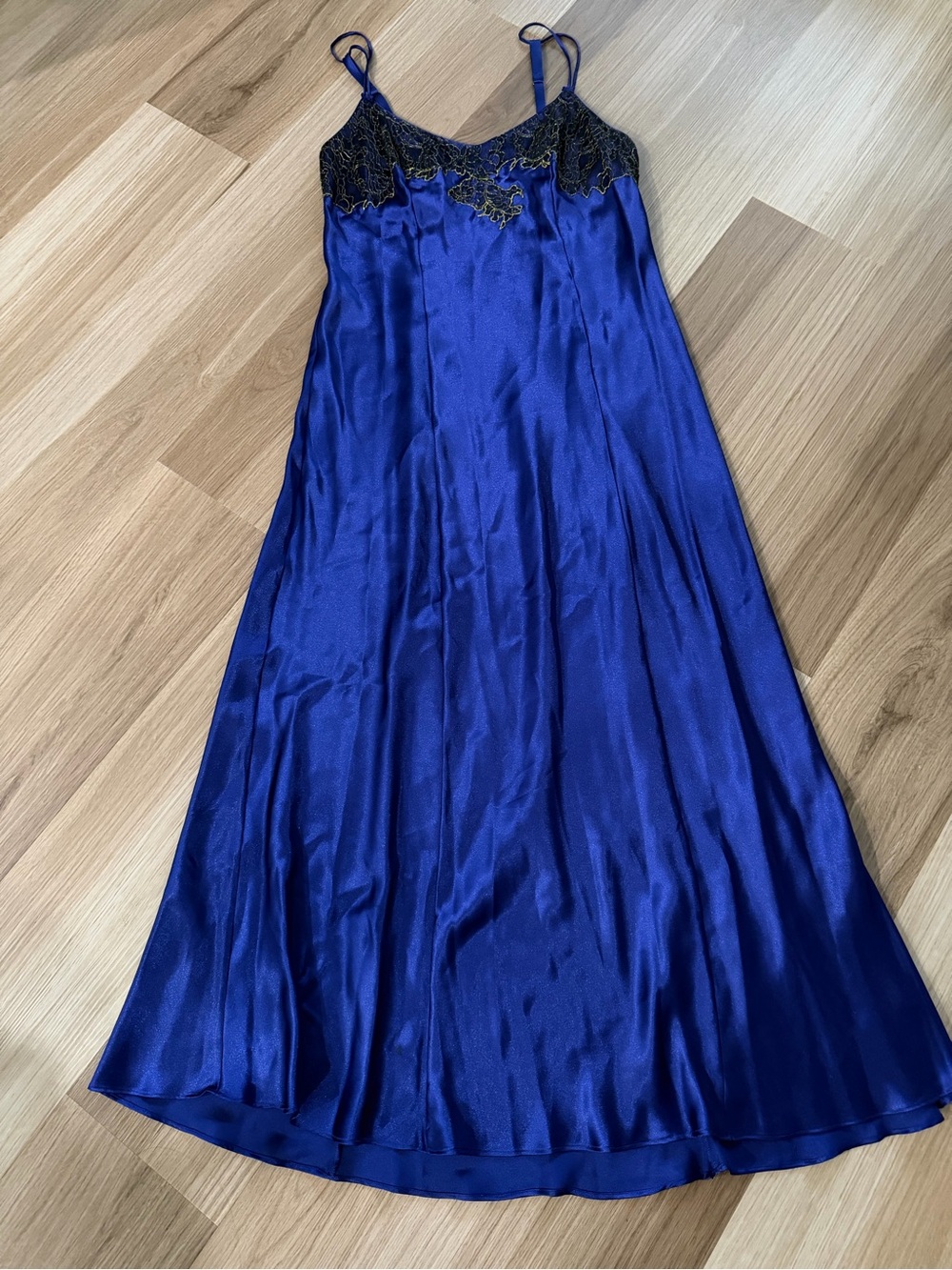 Oscar de la Renta Cobalt Blue Satin Dress with Black and Gold Lace Overlay